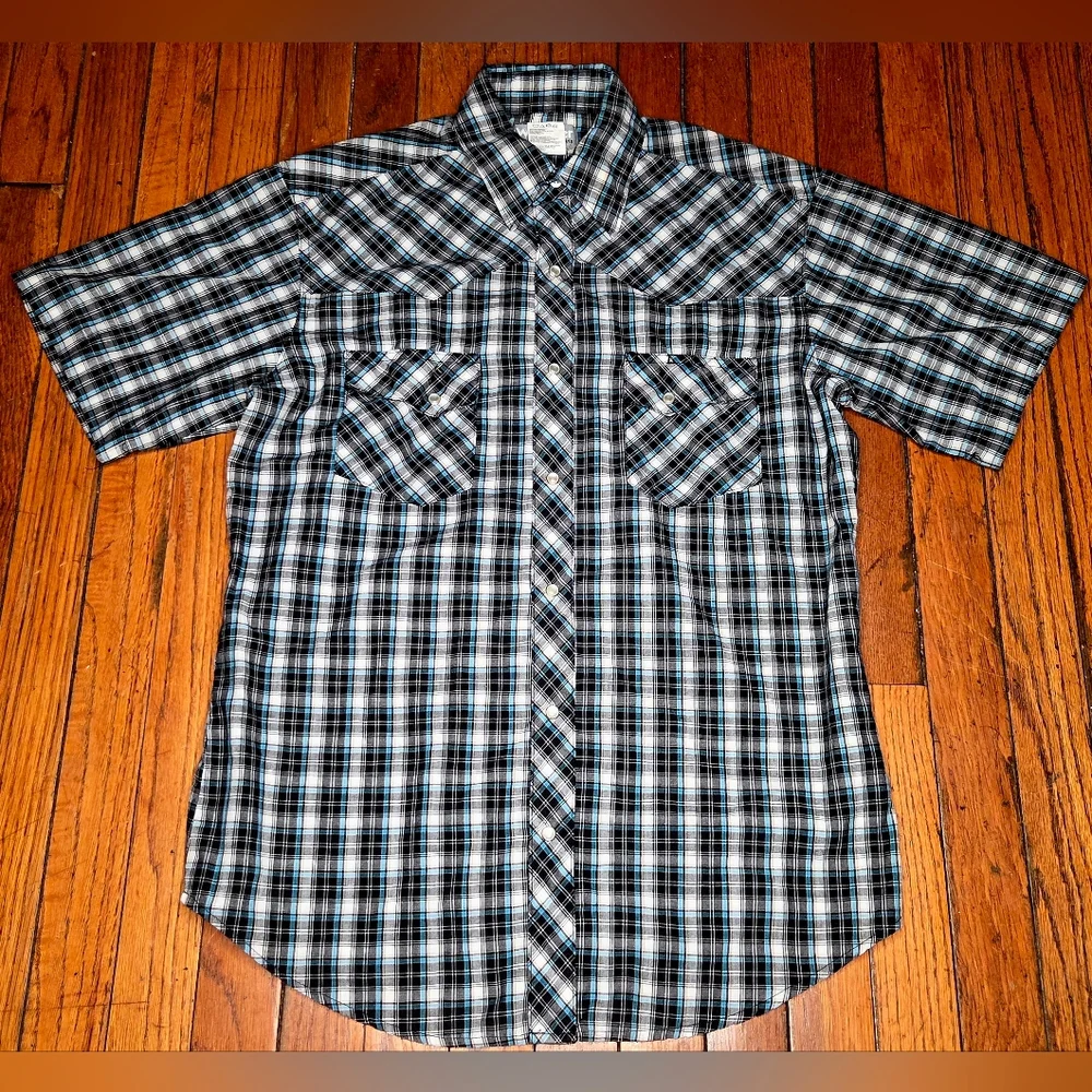 WRANGLER Wrancher Pearl Snap Shirt Mens Medium Short Sleeve Plaid Western B5 - Picture 2 of 6